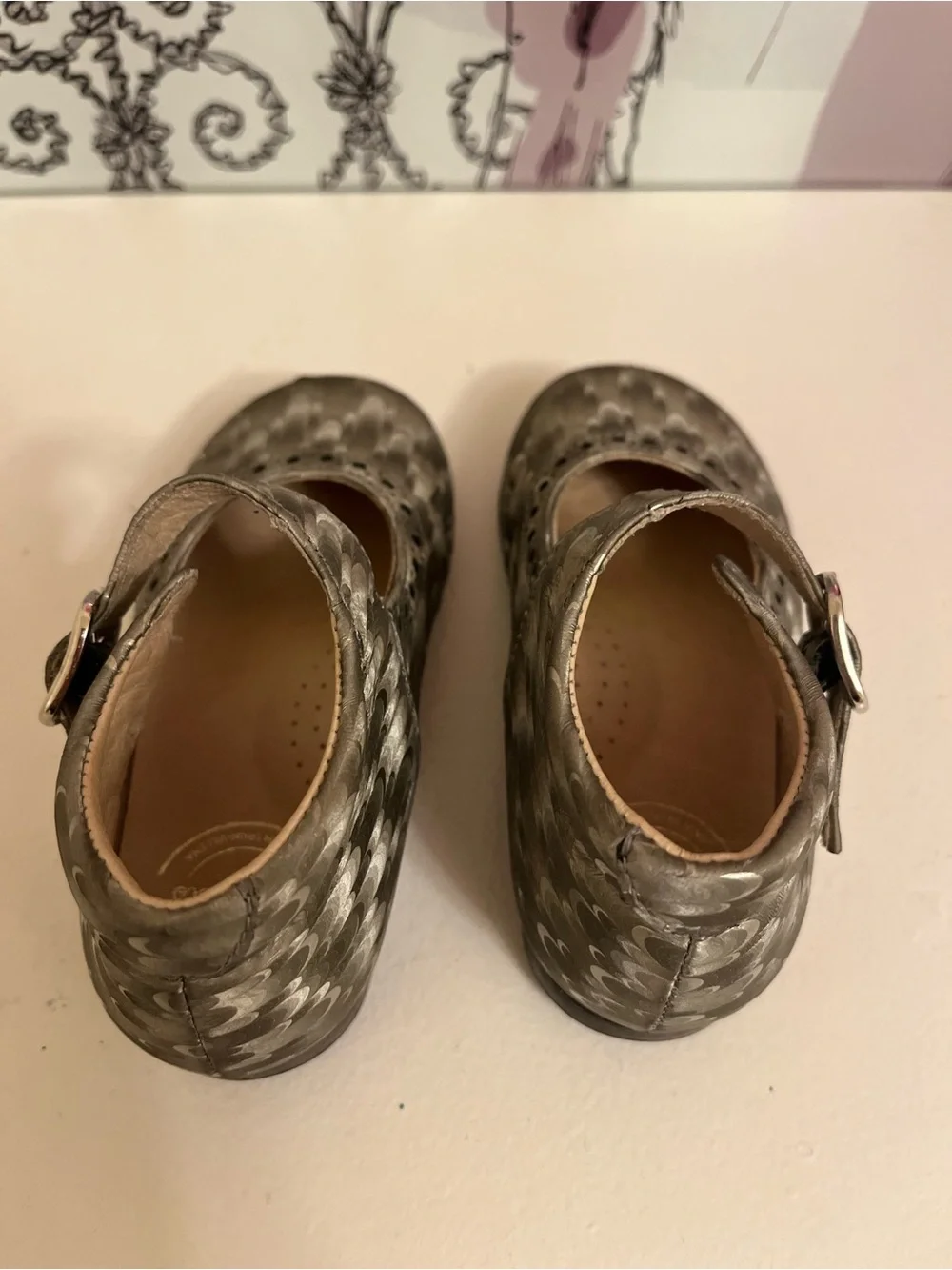 Mary Jane Shoes - Metallic Feather-Print Leather, Toddler EU 22 (US Toddler 6)